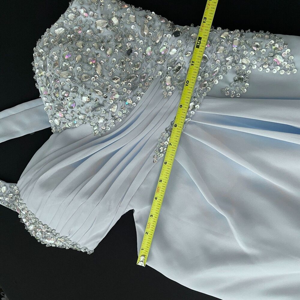 JJ's House 6 prom gown 1-shoulder chiffon beading sequin split sky blue cut-out - Picture 8 of 16